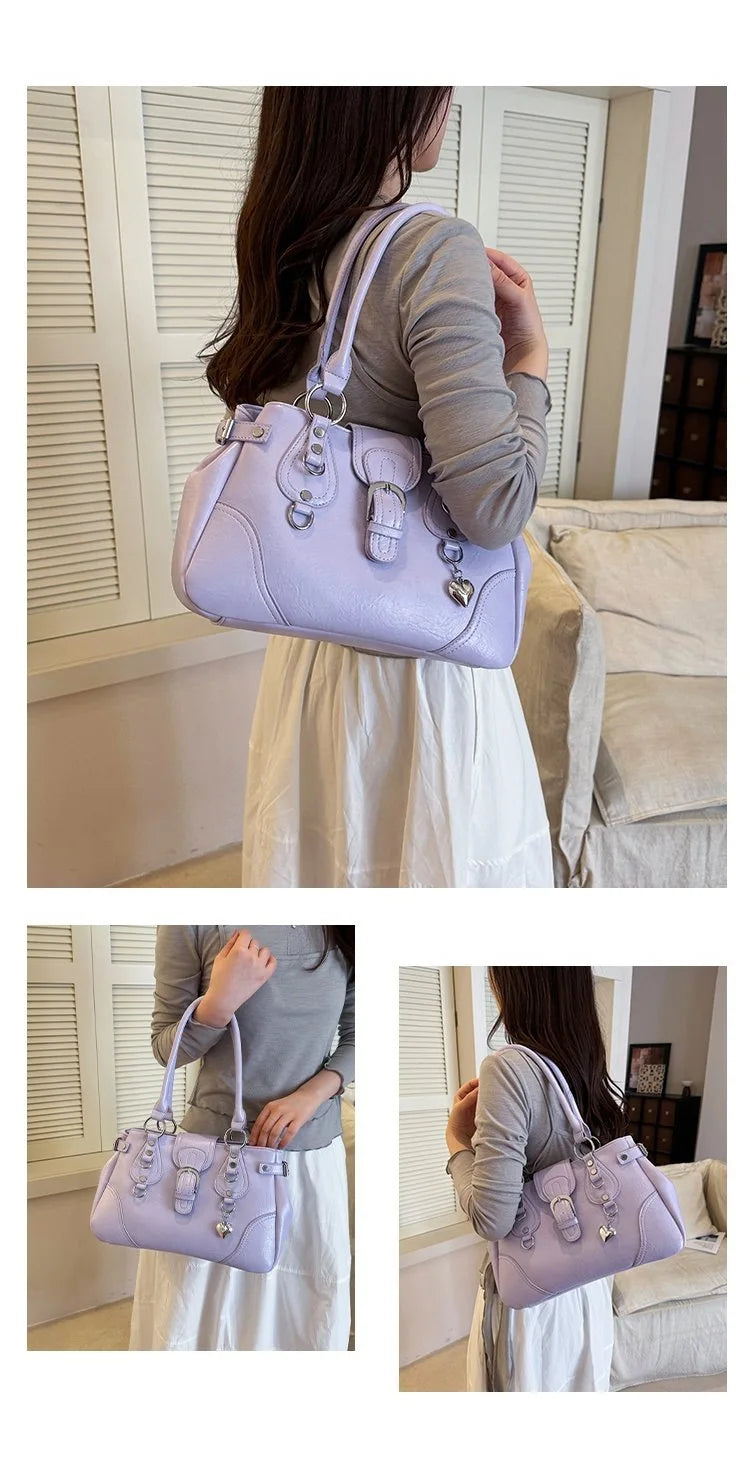 Borsa a Tracolla alla Moda Nuovo Stile 2026, Borsa a Mano Semplice per il Pendolarismo, Versatile con Elementi Rivetto Tinta Unita, Stile Coreano
