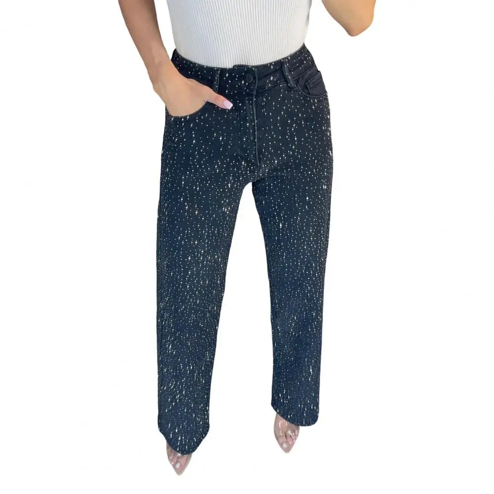 Jeans con perle finte per donna Pantaloni in denim elasticizzato a gamba dritta a vita alta Pantaloni larghi con perline a gamba larga casual Moda streetwear