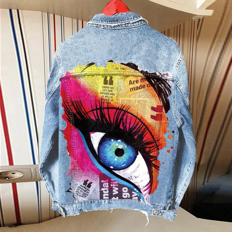 Stylegiacca di jeans da donna 2024 nuova stampa da donna Fashion Street Girl giacca di jeans manica lunga con risvolto spalla scesa autunno e Wint