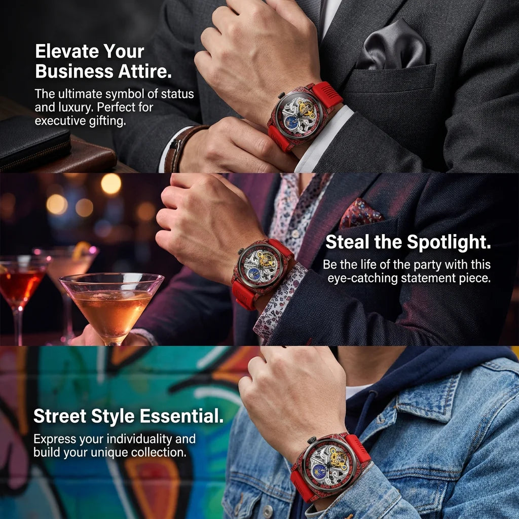 Orologio Meccanico da Uomo con Quadrante Rosso, Cinturino in Lega, Stile Vintage, Dettagli di Lusso, Ideale per Affari, Feste e Vacanze