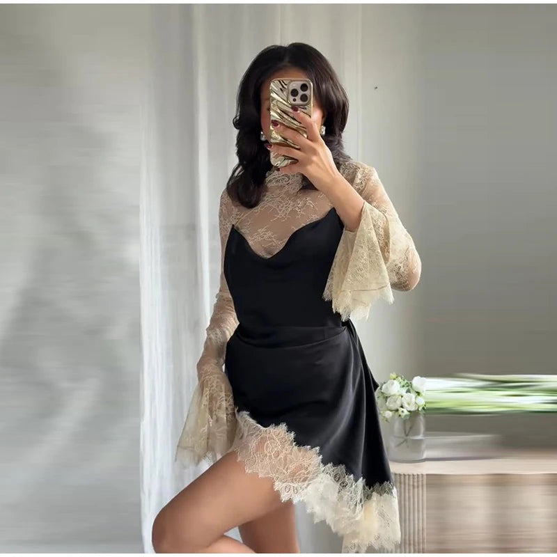 Sexy profondo scollo a V patchwork di pizzo con paillettes abito lungo da donna sottile senza maniche backless hip pacchetto abiti 2026 primavera abito da festa della signora
