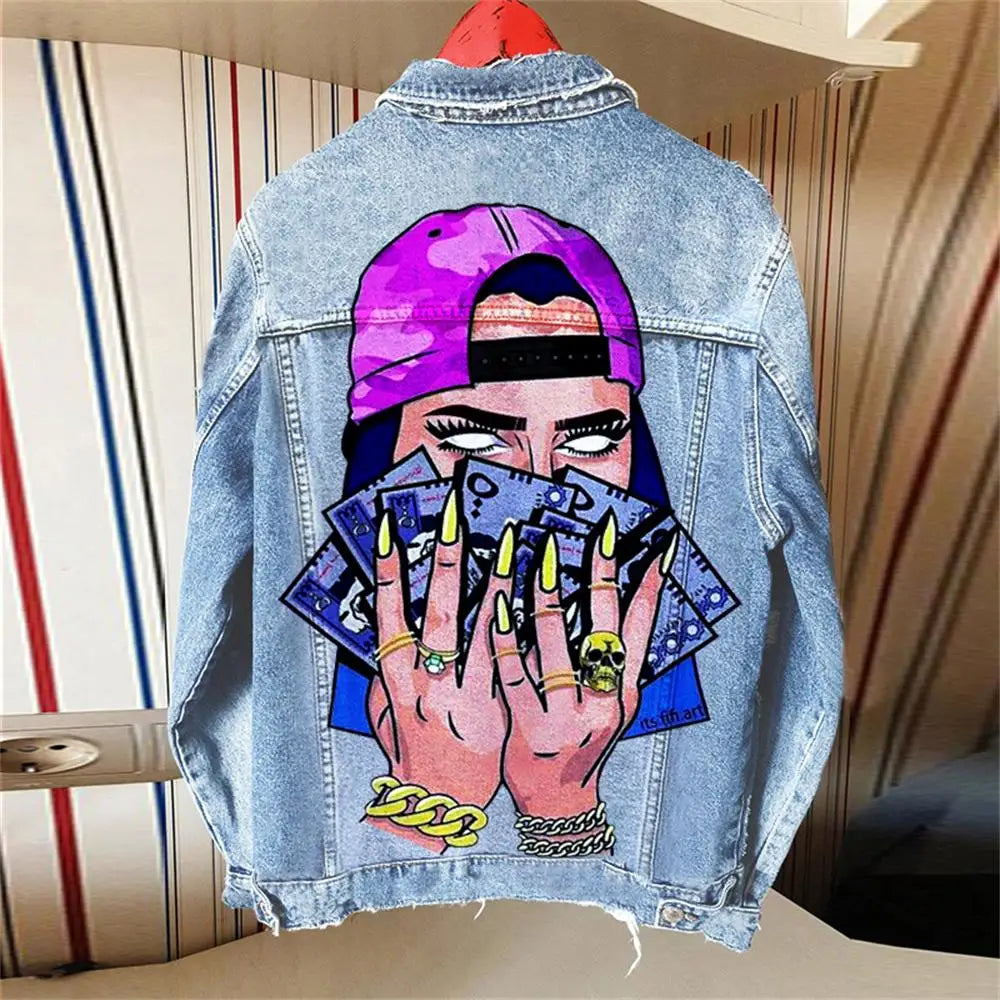 2024 autunno delle donne nuova vendita calda Street INS Net Red con la stessa ragazza giocosa Tongue Out Print Pattern giacca di jeans con risvolto