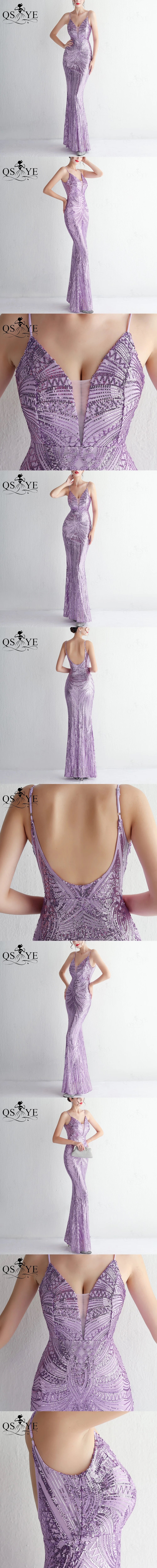 Abito da sera lungo nero semplice con paillettes, modello a sirena, spalline sottili, scollo a V, senza schienale, elegante per feste