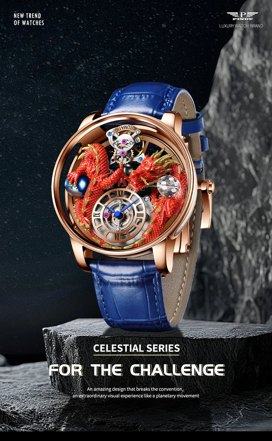 2024 PINDUCelestial Series orologio da uomo Traditionnelle Artisanat Dragon orologio al quarzo specchio curvo orologio dal Design completamente trasparente