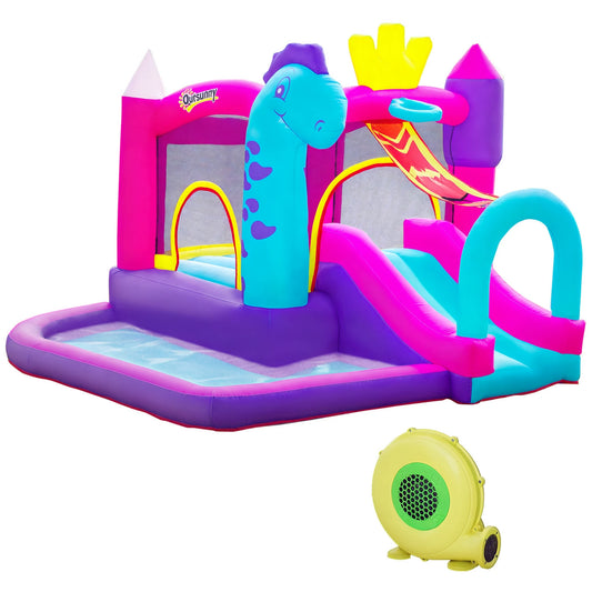 Inflatable castle with slide, Trampoline, playground pool and basket up to 3 children + 3 years inflator and Transport bag blower W included dim. 300L x 270l x 200H cm multicolored