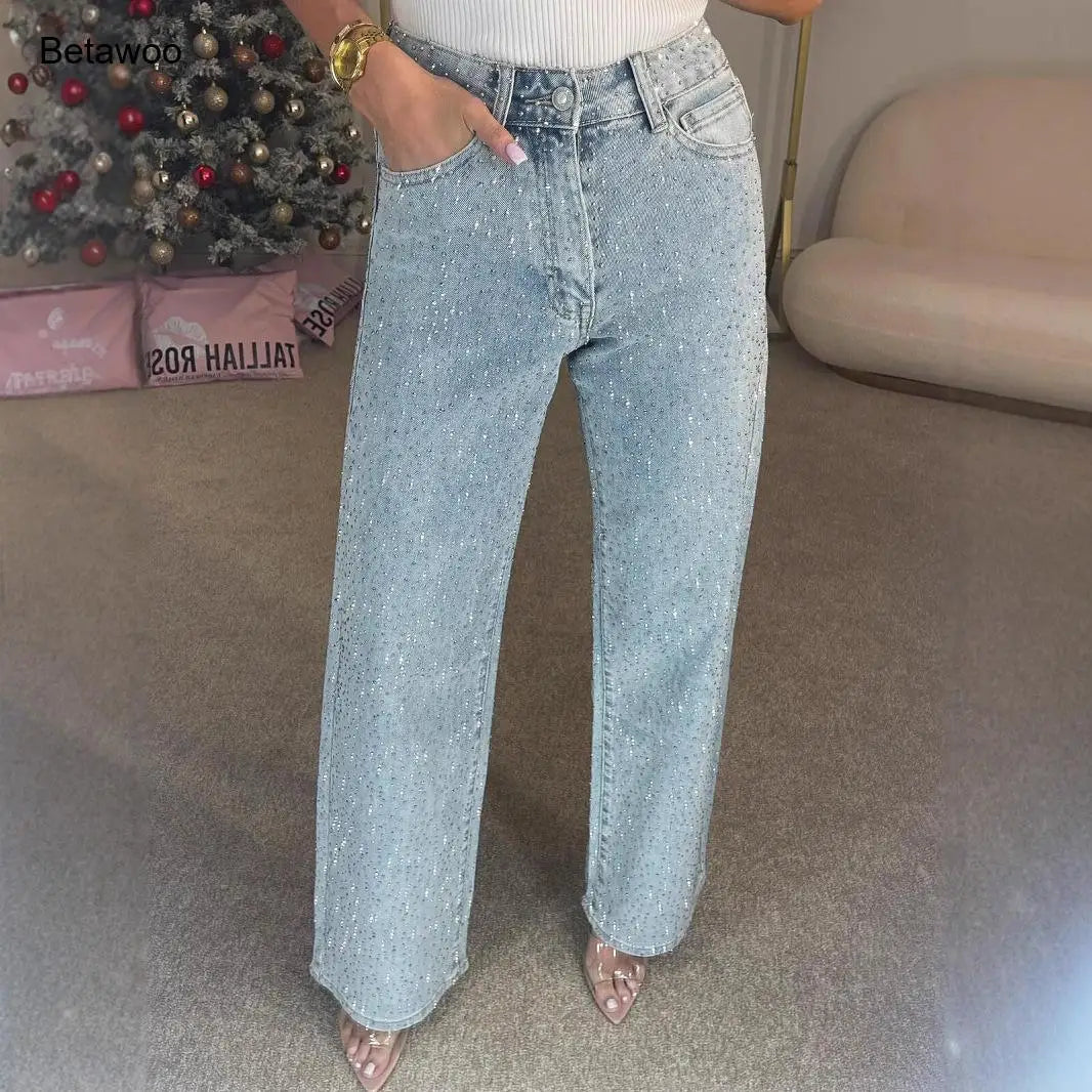 Jeans da Donna a Vita Alta con Strass, Gamba Larga, Lavaggio Chiaro, Pantaloni in Denim Scintillanti a Gamba Dritta