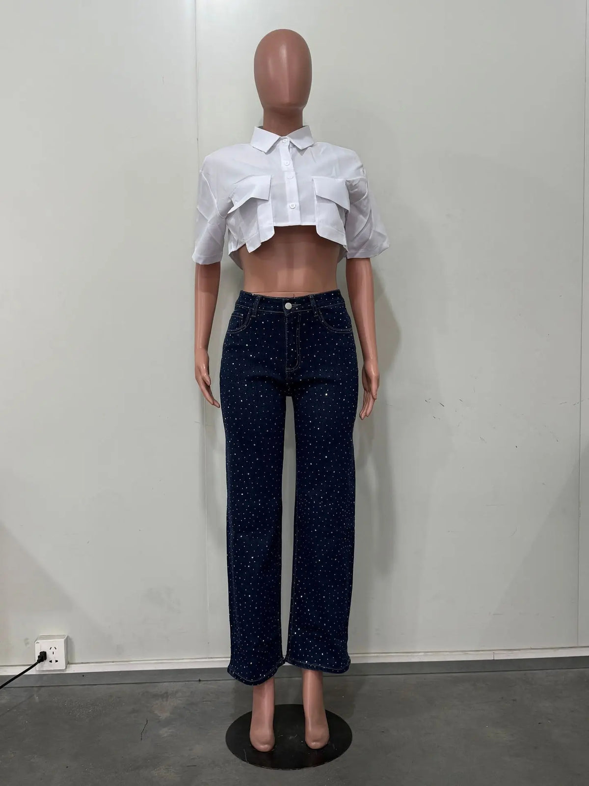 Pantaloni jeans con strass lucidi Pantaloni dritti in denim con diamanti da donna sexy a vita alta eleganti da night club