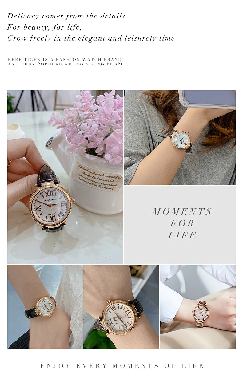 FolliFollie Orologio da donna automatico con quadrante in oro rosa e diamanti con numeri romani, cinturino in pelle, orologio da donna di lusso