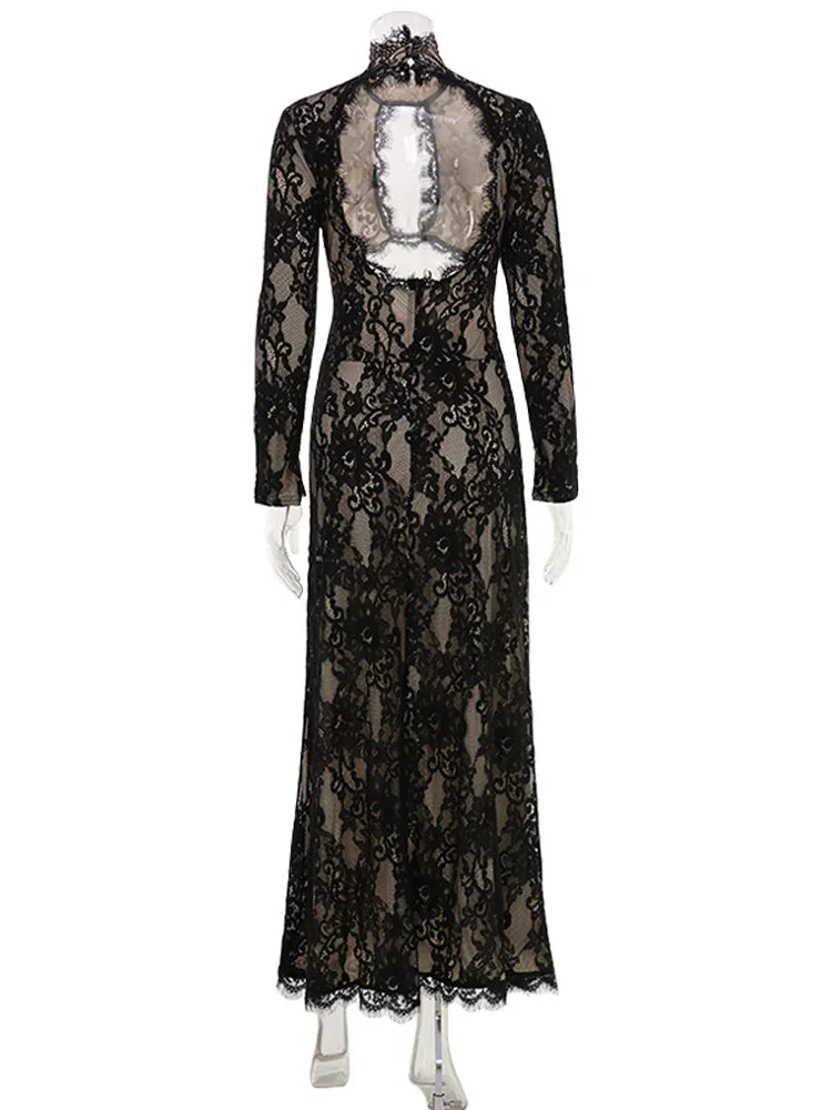 Huhugirl Abiti lunghi da donna in pizzo, traforati, tinta unita, sexy, a maniche lunghe, con spacco, alla moda, con colletto rialzato, stile street, casual da donna