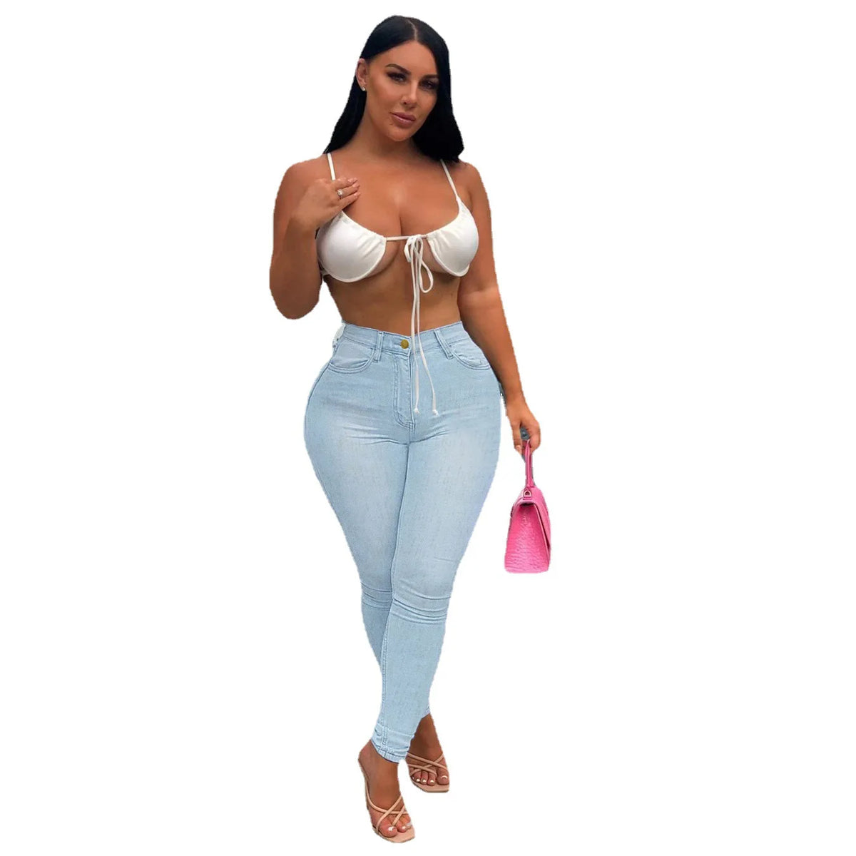 Jeans a Vita Alta da Donna 2026, Pantaloni Skinny Elasticizzati con Tasche, Effetto Consumato e Lavato, Lunghezza alla Caviglia, Stile Streetwear