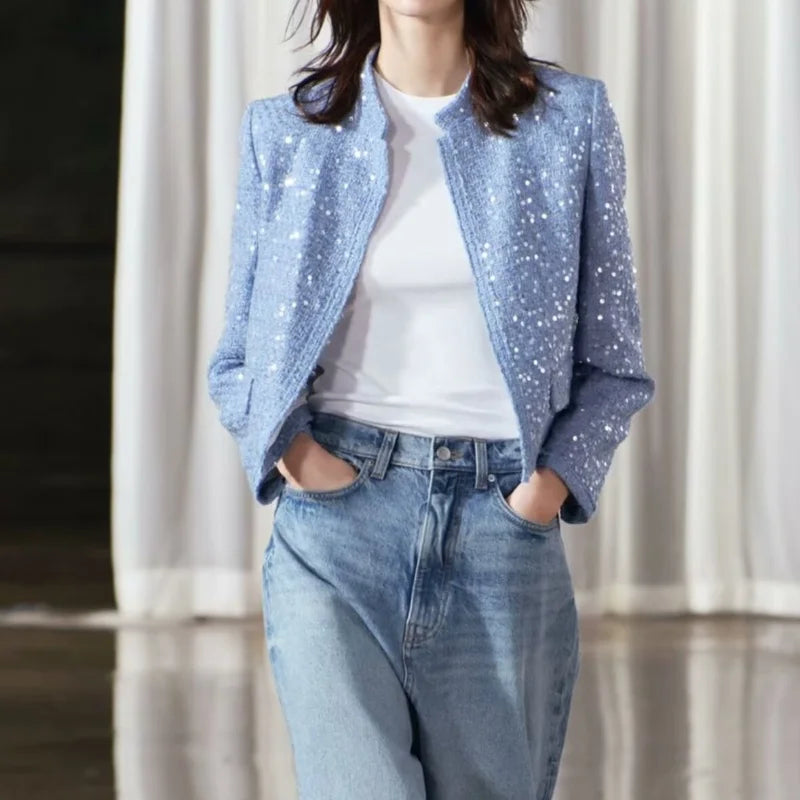 BKQU eleganti giubbotti Bomber con paillettes moda donna maniche lunghe o-collo cappotti corti 2024 autunno inverno donna capispalla High Street