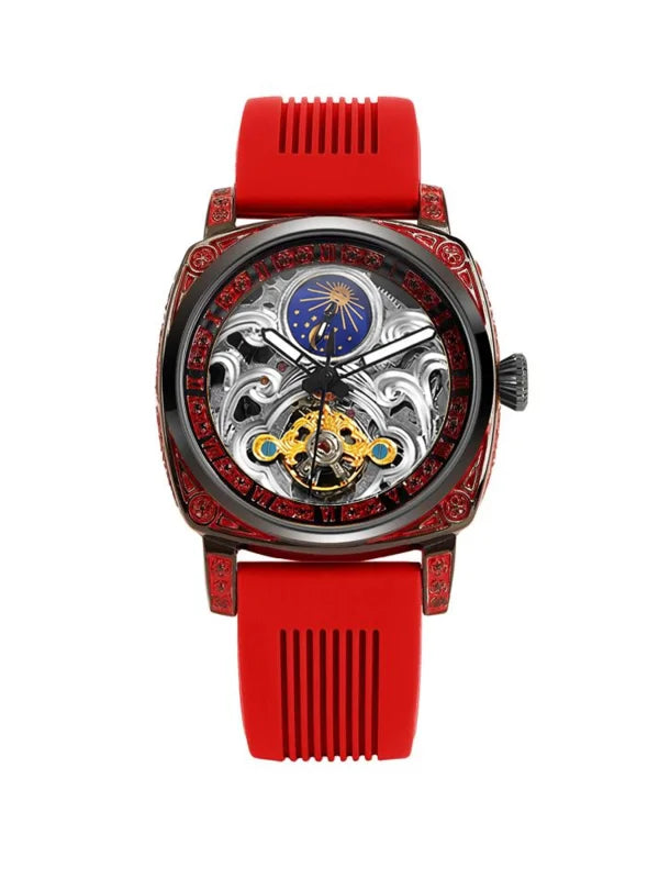 Orologio Meccanico da Uomo con Quadrante Rosso, Cinturino in Lega, Stile Vintage, Dettagli di Lusso, Ideale per Affari, Feste e Vacanze