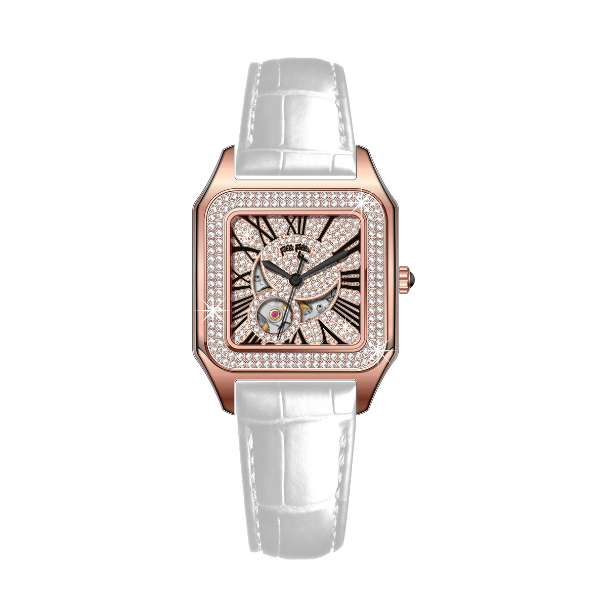 FolliFollie Orologio da donna automatico con quadrante in oro rosa e diamanti con numeri romani, cinturino in pelle, orologio da donna di lusso