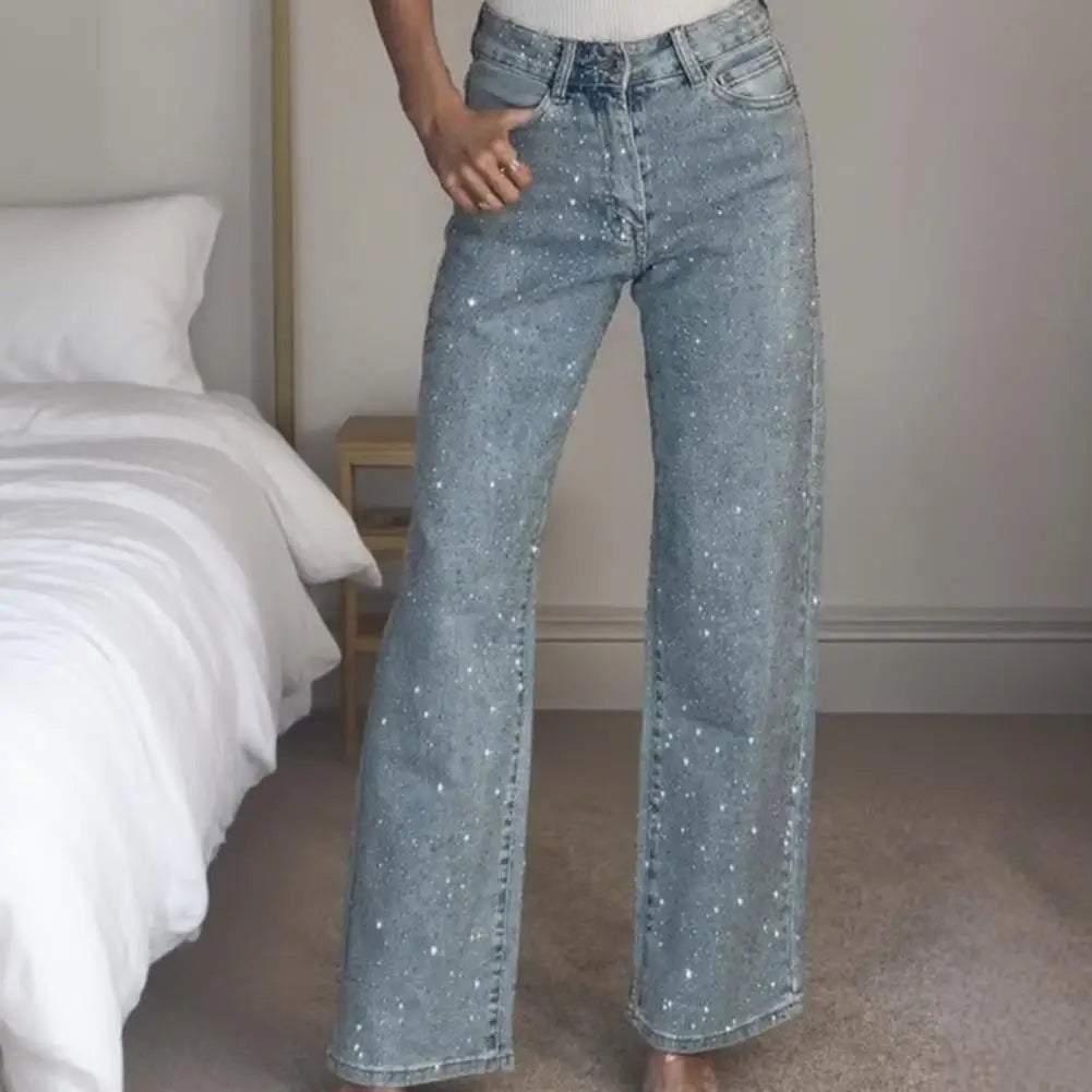 Jeans con perle finte per donna Pantaloni in denim elasticizzato a gamba dritta a vita alta Pantaloni larghi con perline a gamba larga casual Moda streetwear