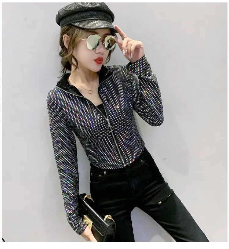 Giacca Autunnale da Donna, Nuova Giacca Corta con Paillettes, Moda Femminile, Manica Lunga, Design Elegante, Camicia Sexy