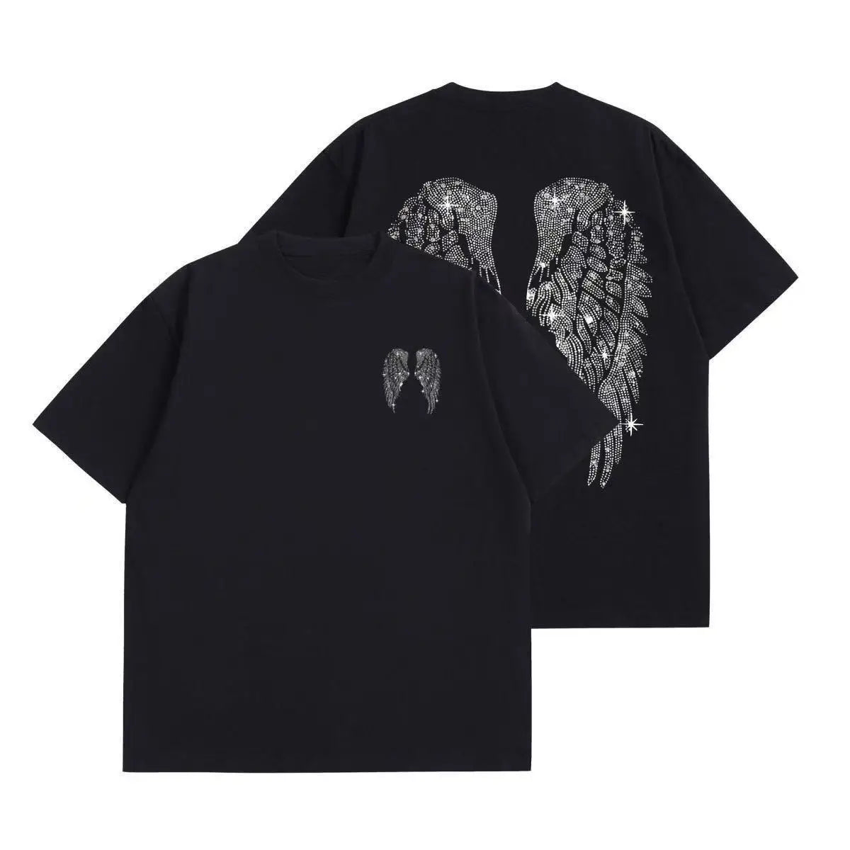 T-shirt con grafica sul retro e spalle scese, 100% cotone |   T-shirt oversize con ali d'angelo blu navy, stile grunge estivo, streetwear Y2K