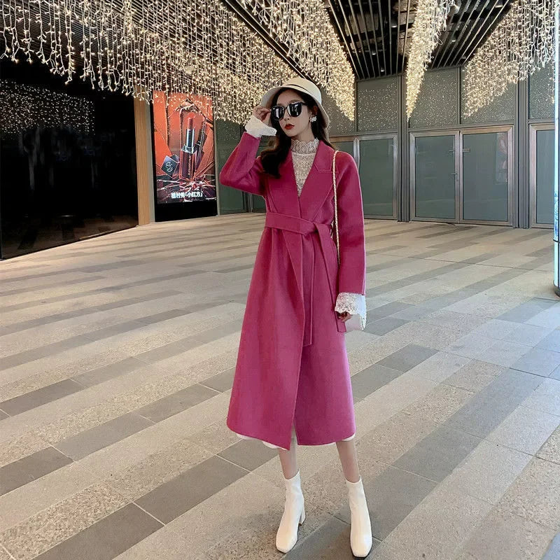 Cappotto in cashmere rosa a doppia faccia da donna, di media lunghezza, cappotto in lana di alta qualità modello NO.36
