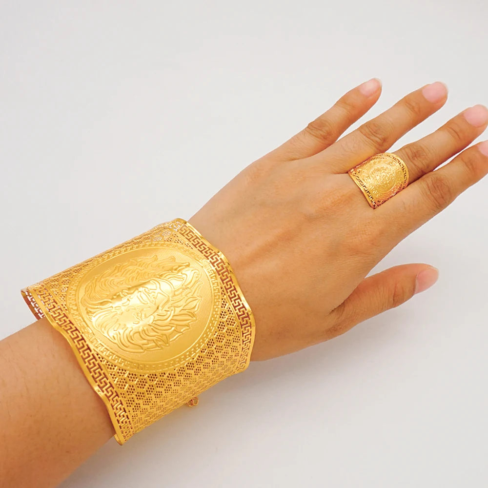 Bracciale color oro Dubai con anello per donna Bracciale con polsino a catena con ciondoli Bracciale indiano Arabo Francia Regali di gioielli da sposa