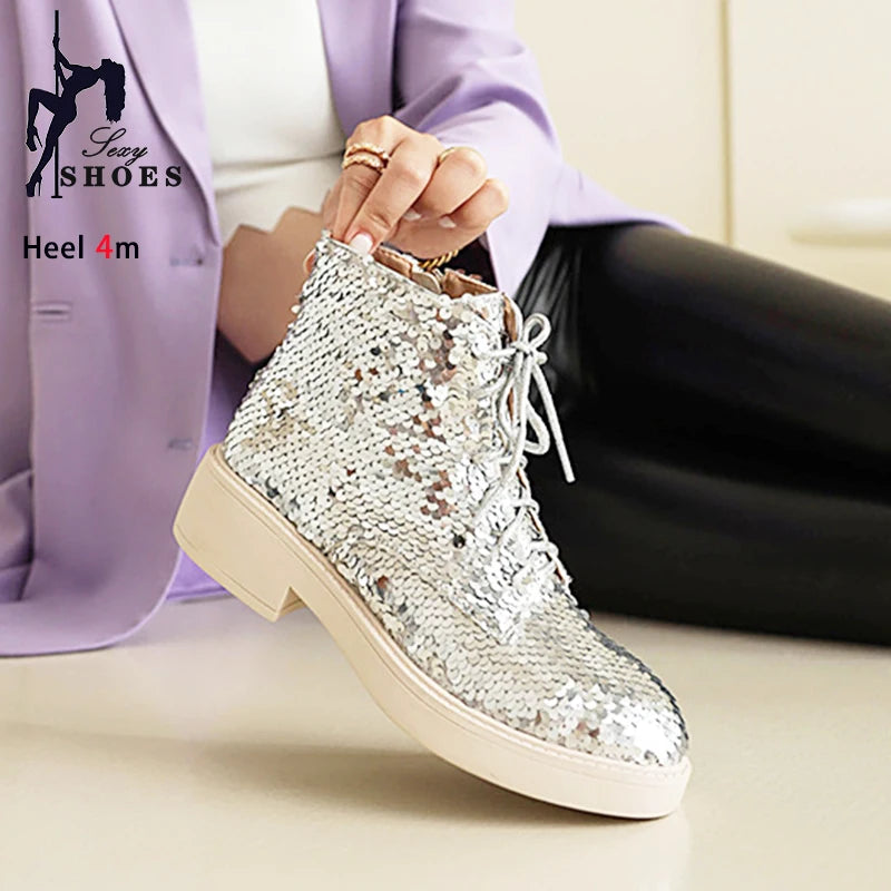 Donna Autunno Inverno Stivaletti 2024 Tendenza Comfort Casual Hip-Hop Scarpe da ballo con paillettes Club Party Donna Stivaletti stringati