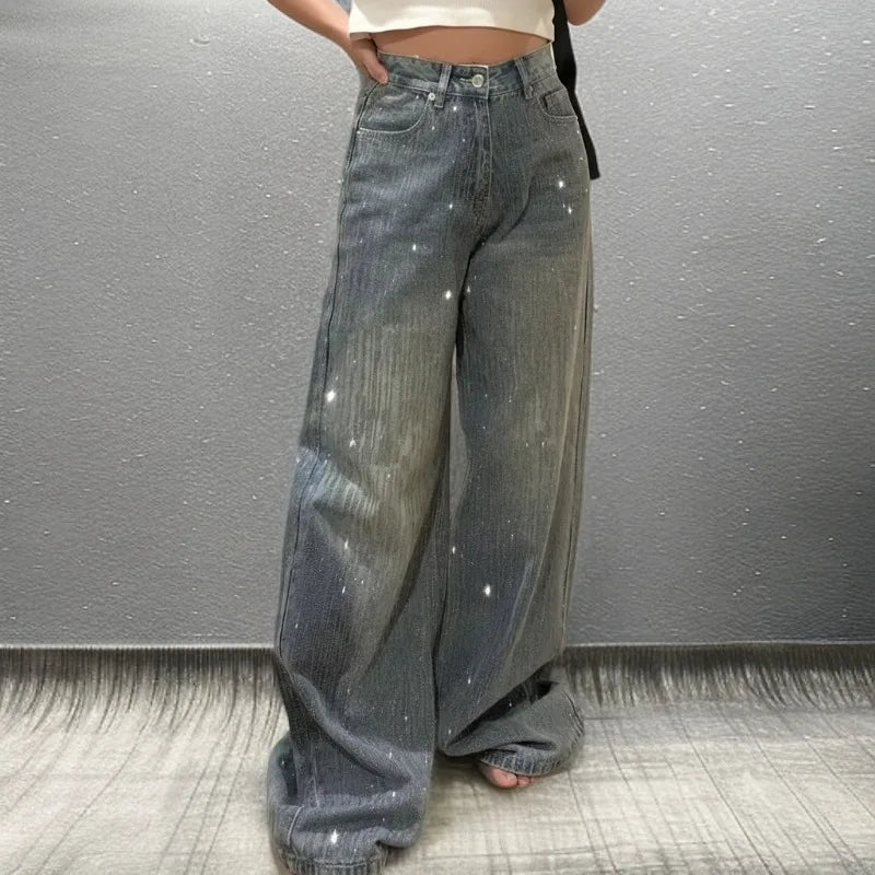 Jeans a Gamba Larga con Diamanti Scintillanti, Vita Alta, Vestibilità Ampia, Lunghezza al Pavimento, Stile Artistico Retrò, Moda Casual, Collezione Primavera