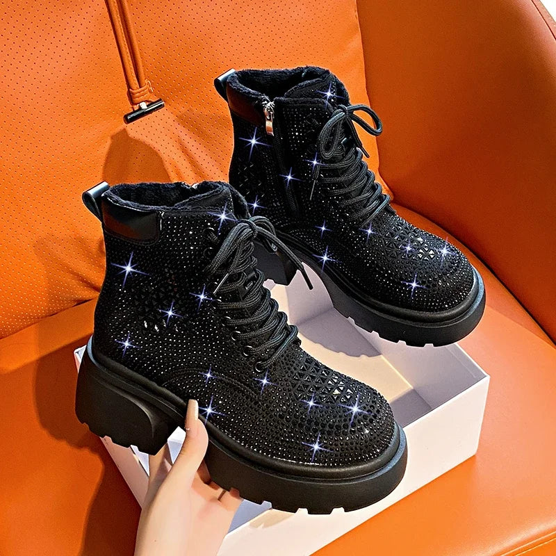 Stivaletti corti con diamanti con paillettes Donna Autunno Inverno Moda di lusso Stivali alti con tacco spesso Stivali stringati Scarpe casual da festa all'aperto