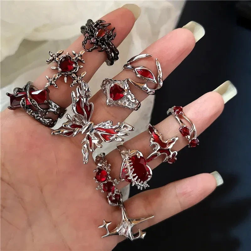 Anillos ajustables estéticos de corazón de cristal rojo irregular de apertura nueva para mujer, anillo gótico de araña animal, joyería creativa
