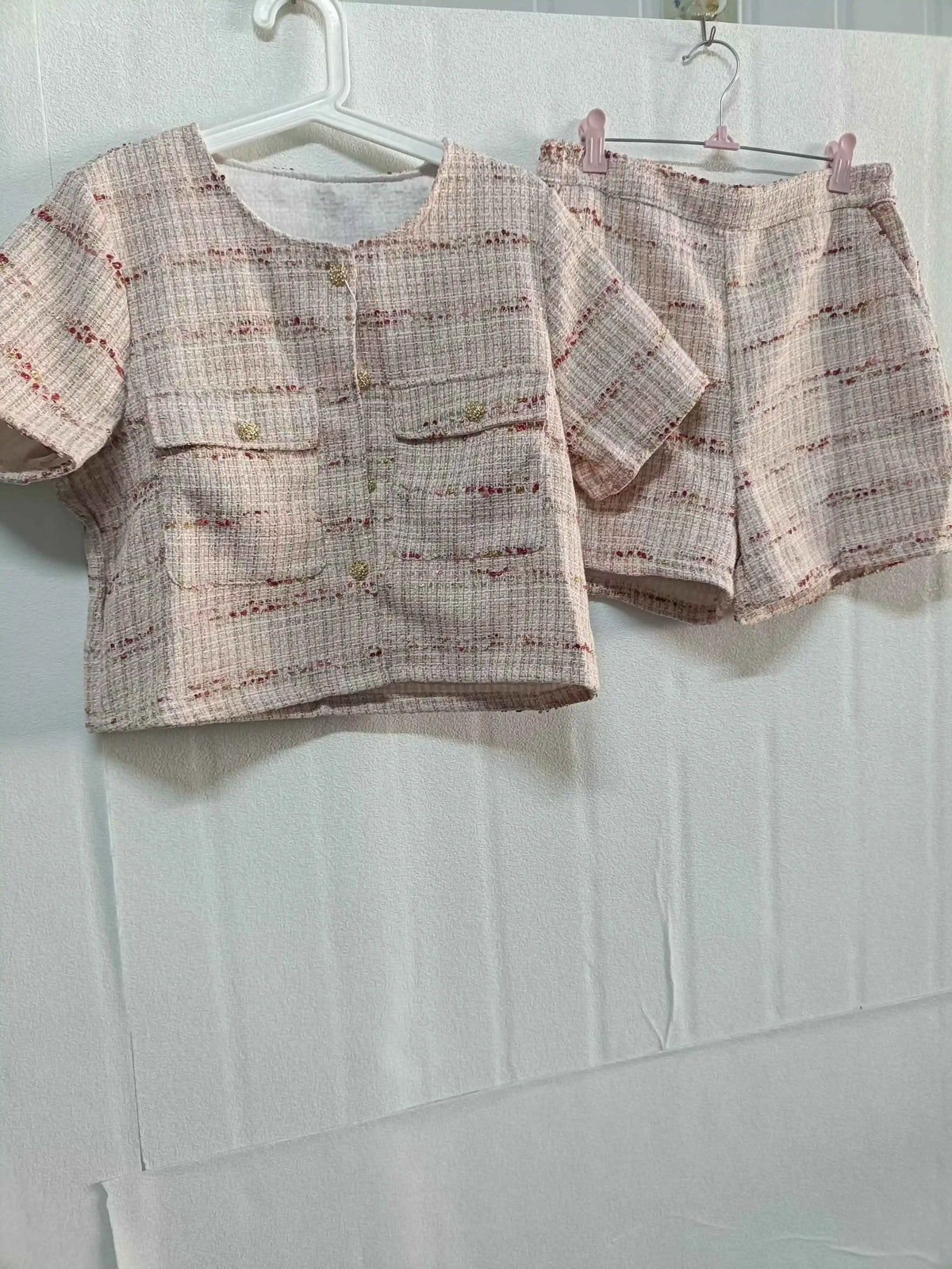 Set di pantaloncini 2 pezzi Completi da donna O Collo Giacca di tweed rosa Femme Crop Cardigan Top Cappotto coreano Pantalone corto