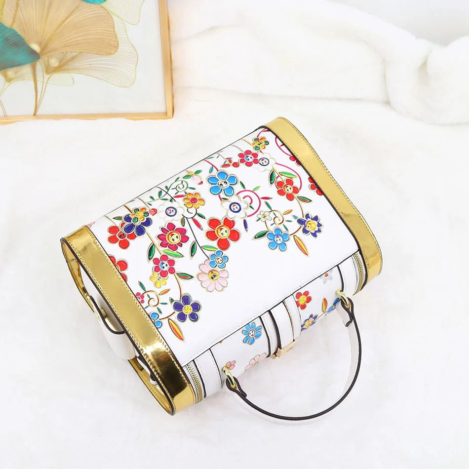 Borsa Boston da Donna con Stampa, Borsa a Spalla Grande Capacità, Borsa a Tracolla con Doppia Cerniera, Stile Mezza Copertura, Borsa con Manico Superiore