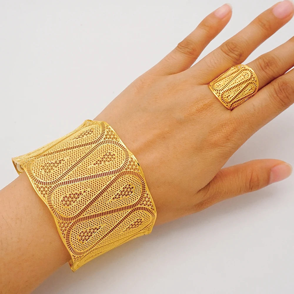 Bracciale color oro Dubai con anello per donna Bracciale con polsino a catena con ciondoli Bracciale indiano Arabo Francia Regali di gioielli da sposa