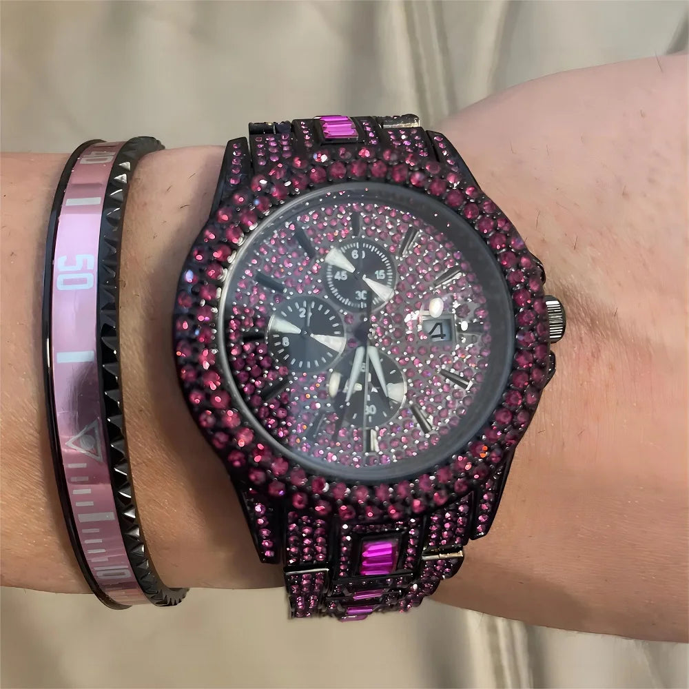 Vendita calda orologio rosso ghiaccio per uomo marchio di moda UNIGUET Hip Hop pieno di diamanti gioielli in acciaio inossidabile di lusso orologio da polso al quarzo uomo