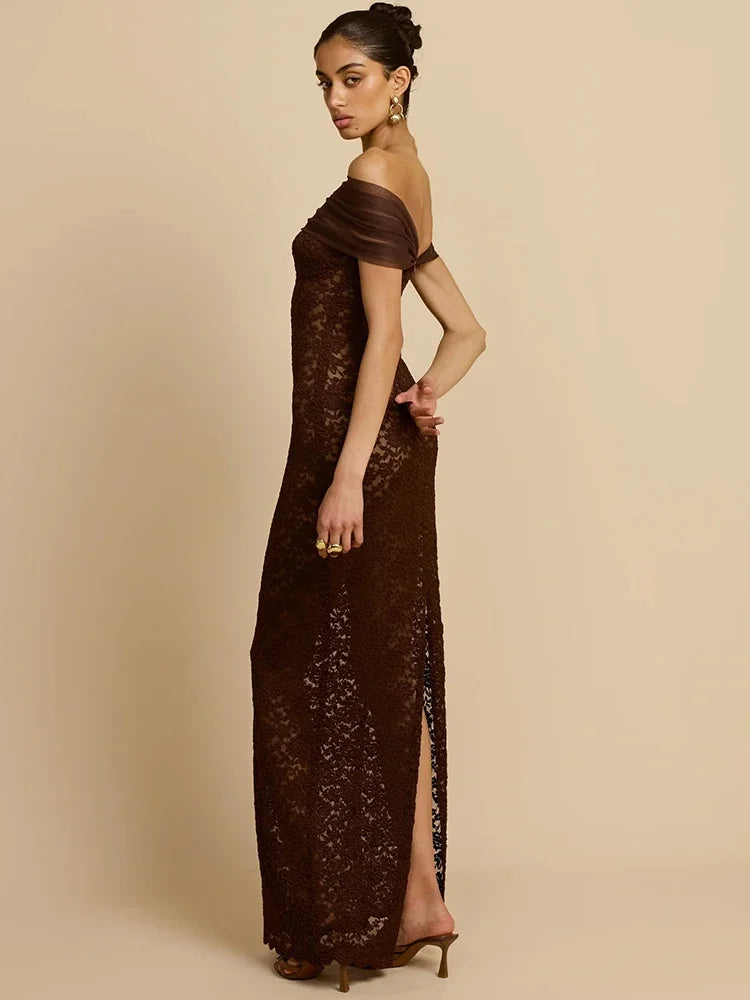 Abito lungo sexy senza schienale con spalle scoperte in pizzo Abito da donna Elegante abito da club aderente diviso senza spalline senza spalline