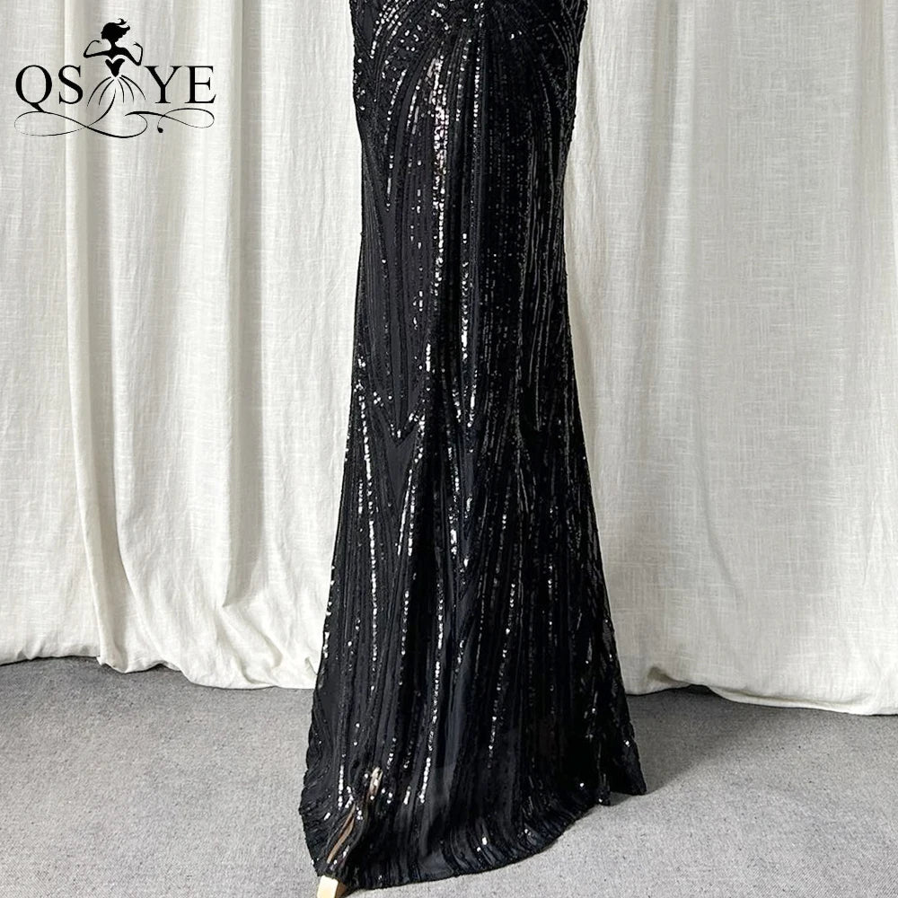 Abito da sera lungo nero semplice con paillettes, modello a sirena, spalline sottili, scollo a V, senza schienale, elegante per feste