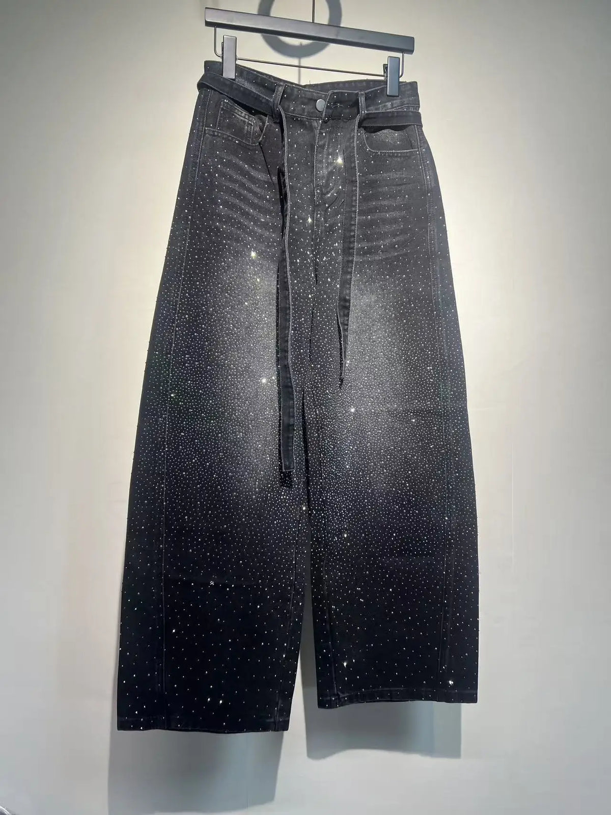 Jeans da Donna a Vita Alta con Strass Sfumati, Gamba Larga, Stile Y2K Vintage, Scintillanti, Baggy, in Denim, Streetwear, Slim Fit