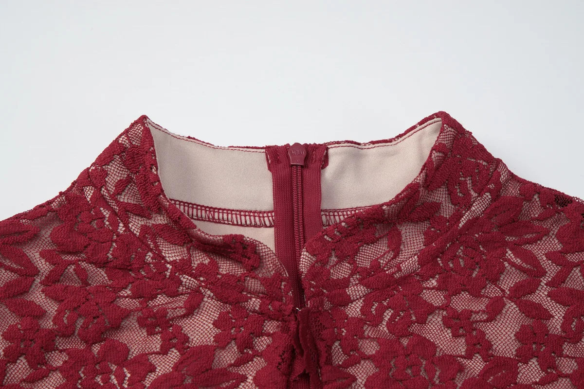 CHNMR Abito Cheongsam Sexy in Pizzo Rosso Senza Maniche, Vestito Lungo Aderente con Scollo a Goccia, Abito da Sera per Feste e Cerimonie, Abbigliamento Formale da Donna