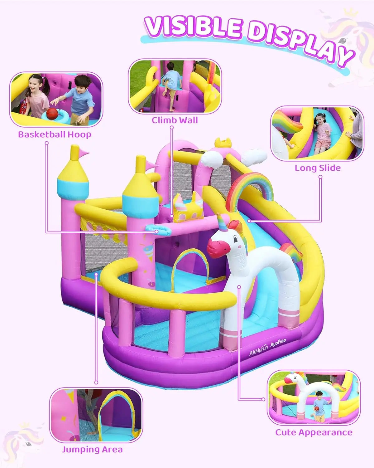 Inflatable Bounce House 5 in 1 Unicorn Wide Slide Jumping Castle for Kids Backyard Ball Pit Climbing Wall Basketball Hoop