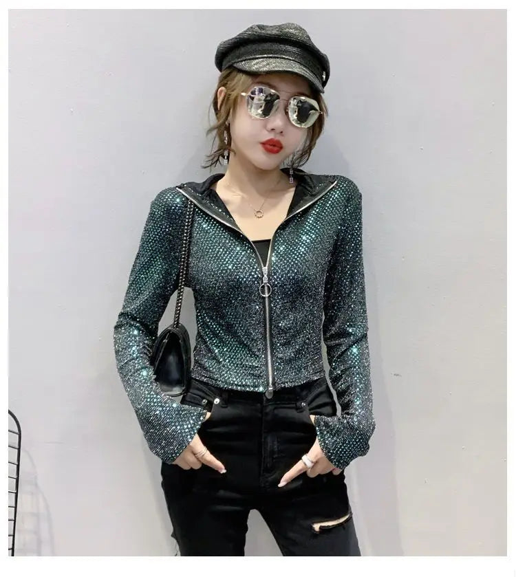 Giacca Autunnale da Donna, Nuova Giacca Corta con Paillettes, Moda Femminile, Manica Lunga, Design Elegante, Camicia Sexy