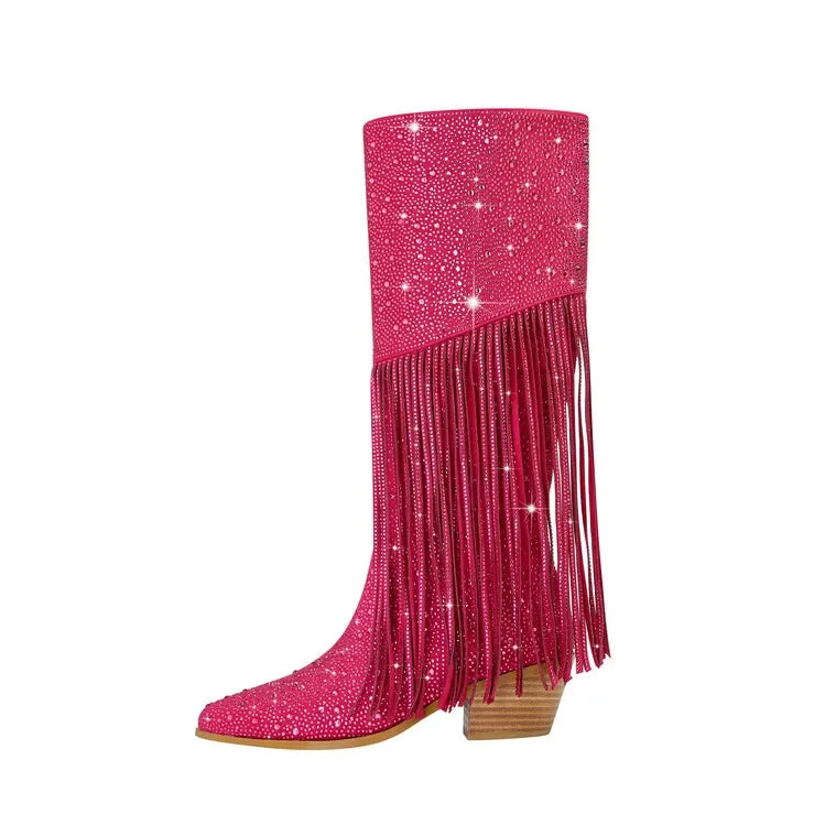 2024 nuovi stivali Chelsea al ginocchio con strass con cerniera nappe a punta moda lucida stivali da donna europei e americani 35-43