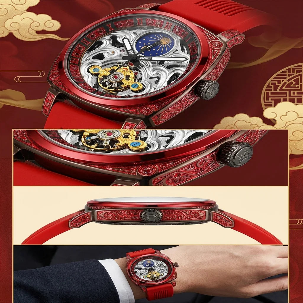 Orologio Meccanico da Uomo con Quadrante Rosso, Cinturino in Lega, Stile Vintage, Dettagli di Lusso, Ideale per Affari, Feste e Vacanze
