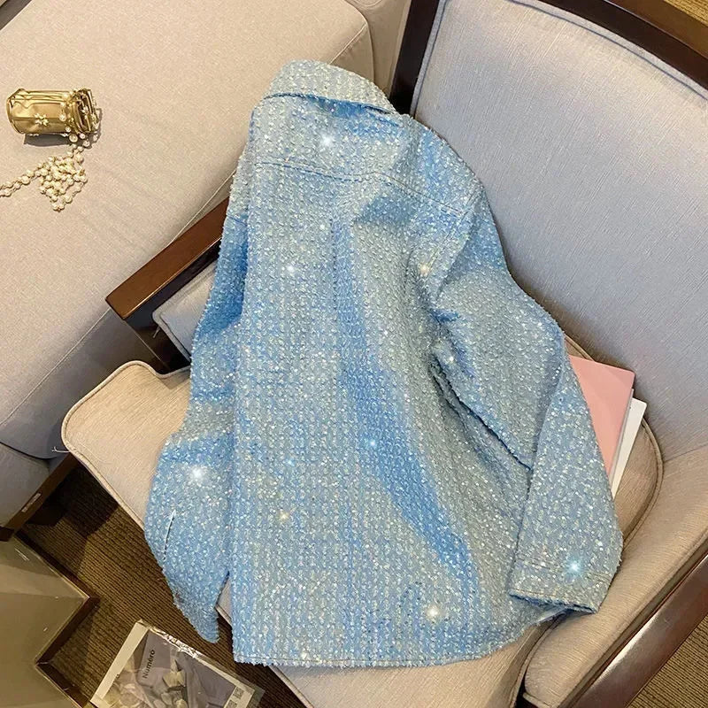 2024 primavera autunno nuovo cappotto donna industria pesante giacca blu femminile amanti della strada moda allentata tasca top camicia giacche