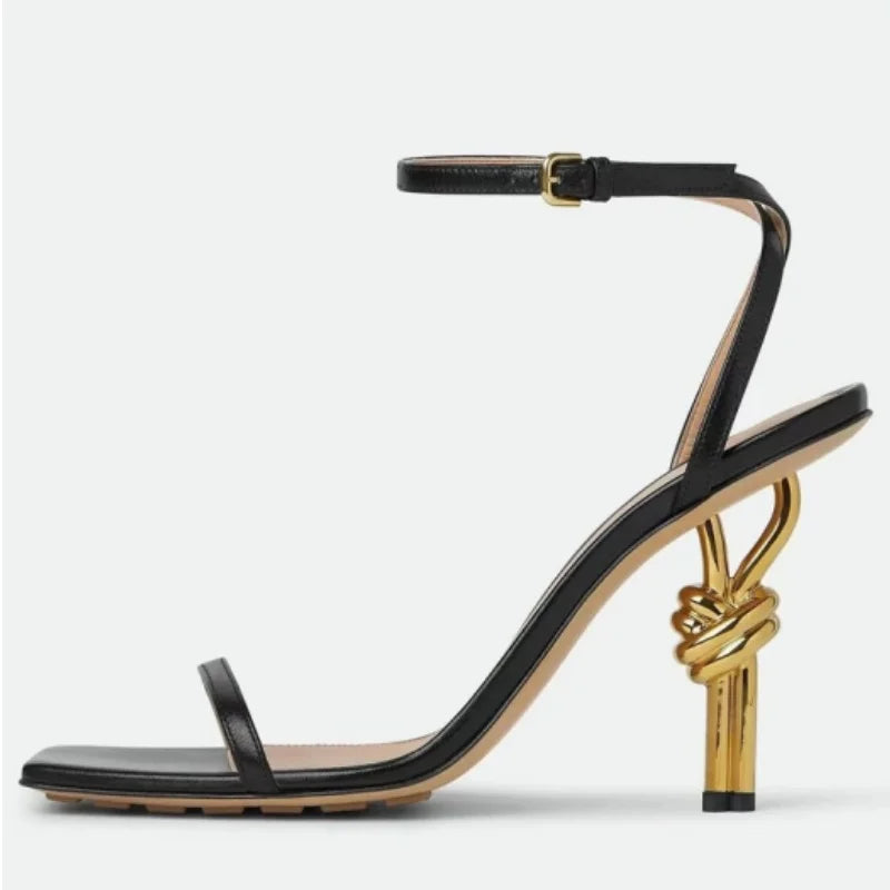 Sandali con tacco ultra alto con punta tonda da donna Tacchi sottili intrecciati in metallo Scarpe da donna sexy con punta aperta Tacchi strani Scarpe eleganti da donna