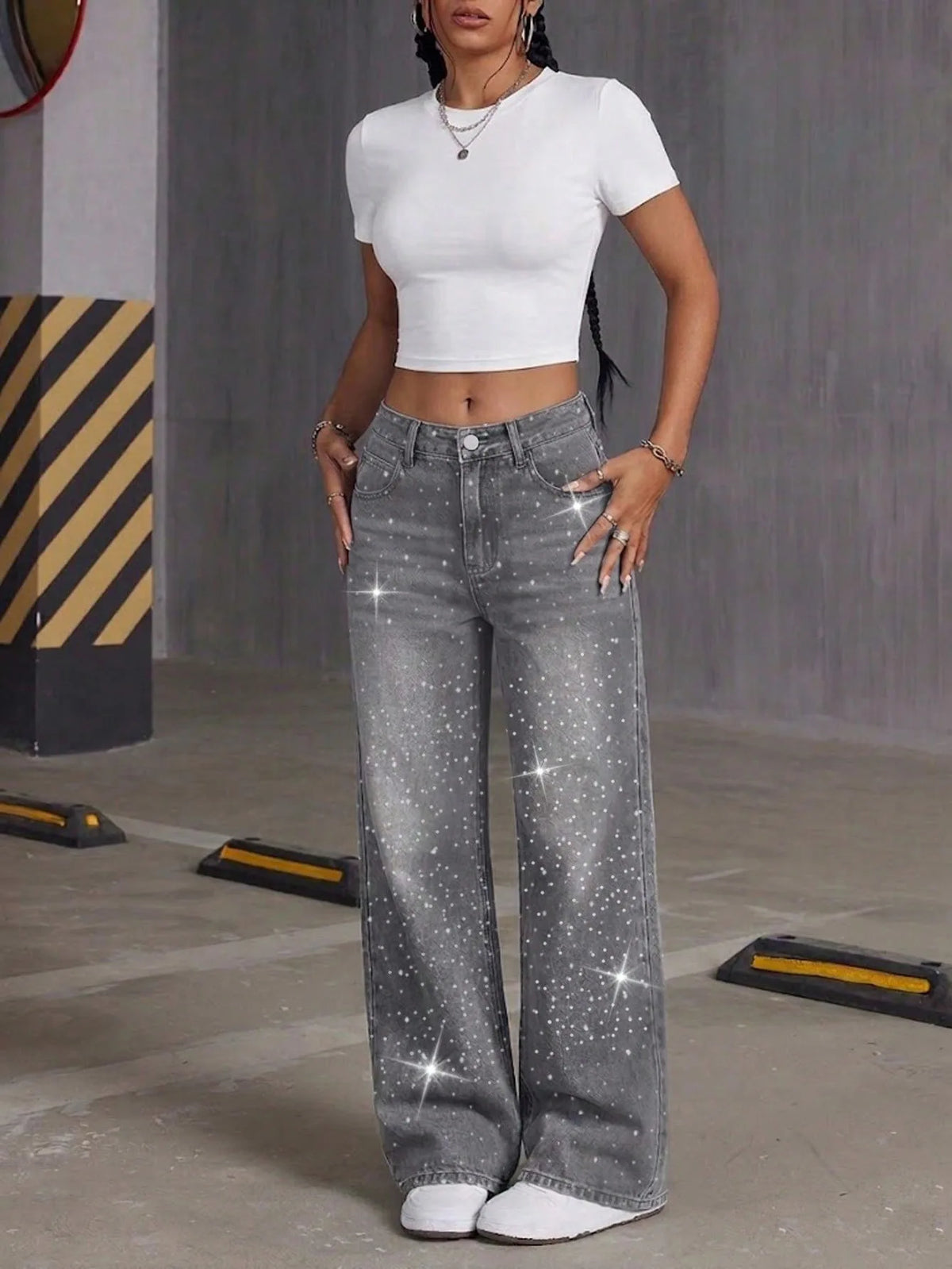 Jeans a Gamba Dritta con Strass Grigi, Pantaloni Lunghi e Larghi, Comodi e Casual in Stile Coreano, Jeans in Denim di Cotone