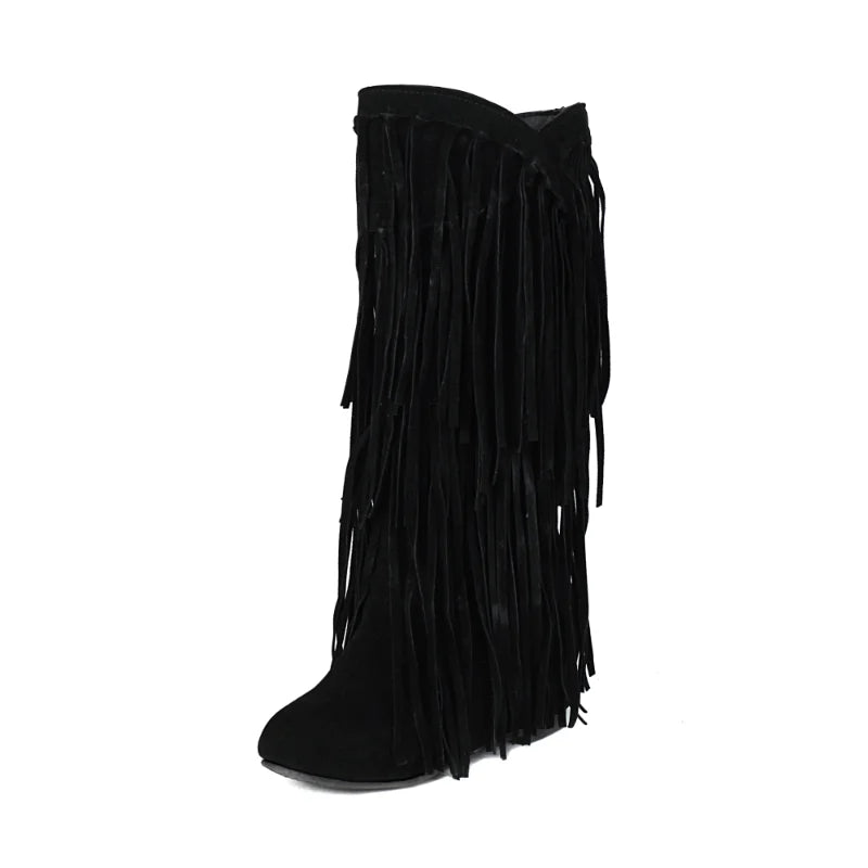 Scarpe da donna primavera e autunno moda nuovo stile Sexy stivali da donna al ginocchio floccato punta tonda frangia alta 3cm plus size 34-48