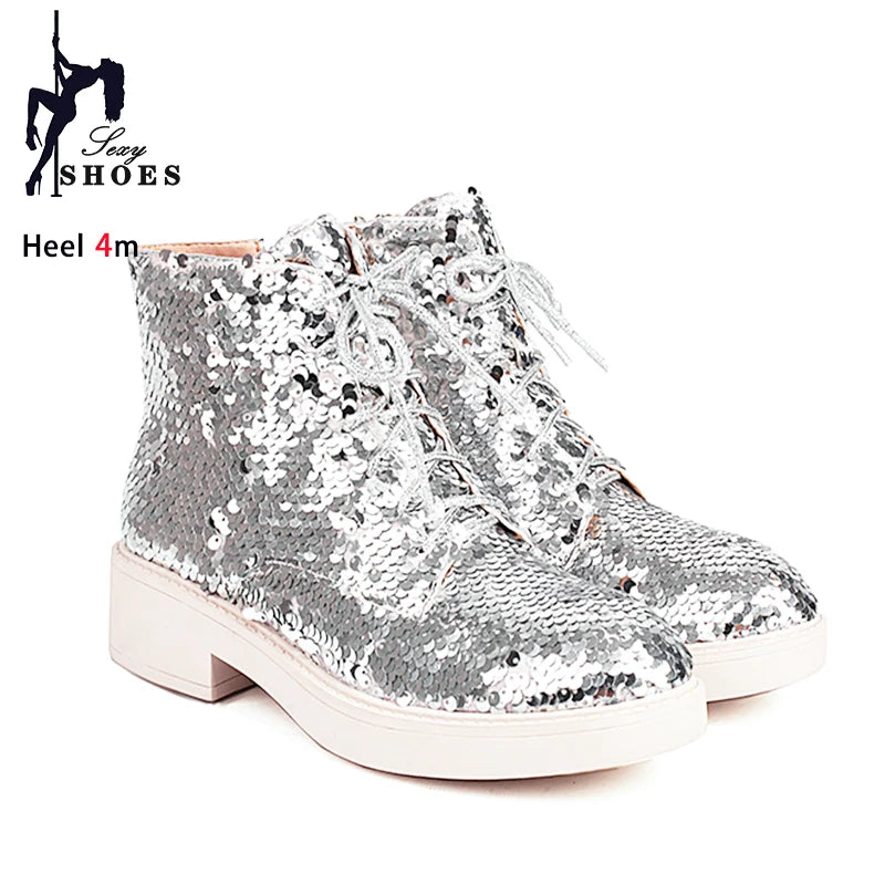 Donna Autunno Inverno Stivaletti 2024 Tendenza Comfort Casual Hip-Hop Scarpe da ballo con paillettes Club Party Donna Stivaletti stringati