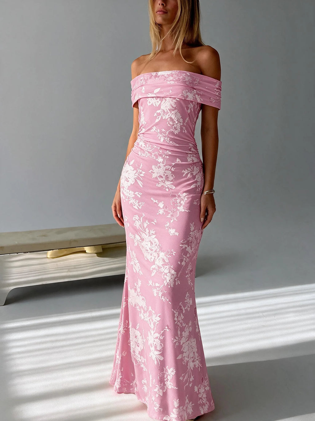 Abito lungo da donna a spalle scoperte con stampa floreale, elegante abito a sirena arricciato, abito aderente estivo da sera per feste, per signore.