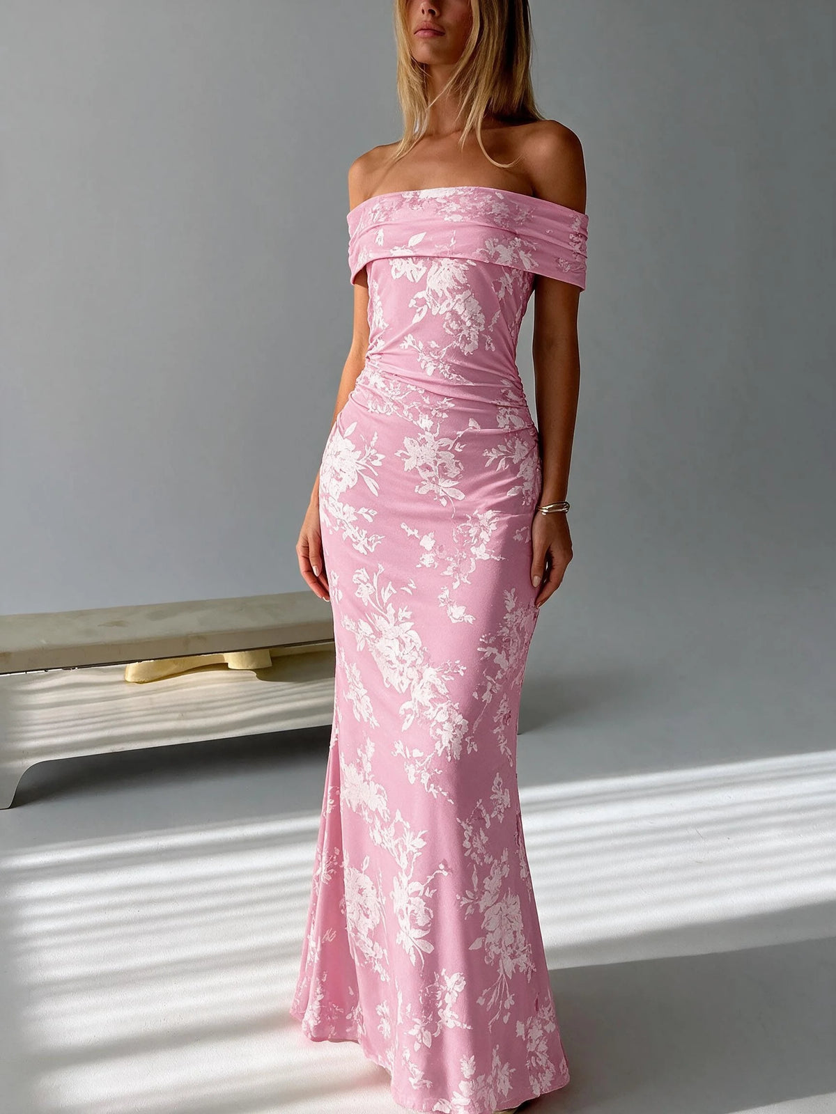 Abito lungo da donna a spalle scoperte con stampa floreale, elegante abito a sirena arricciato, abito aderente estivo da sera per feste, per signore.