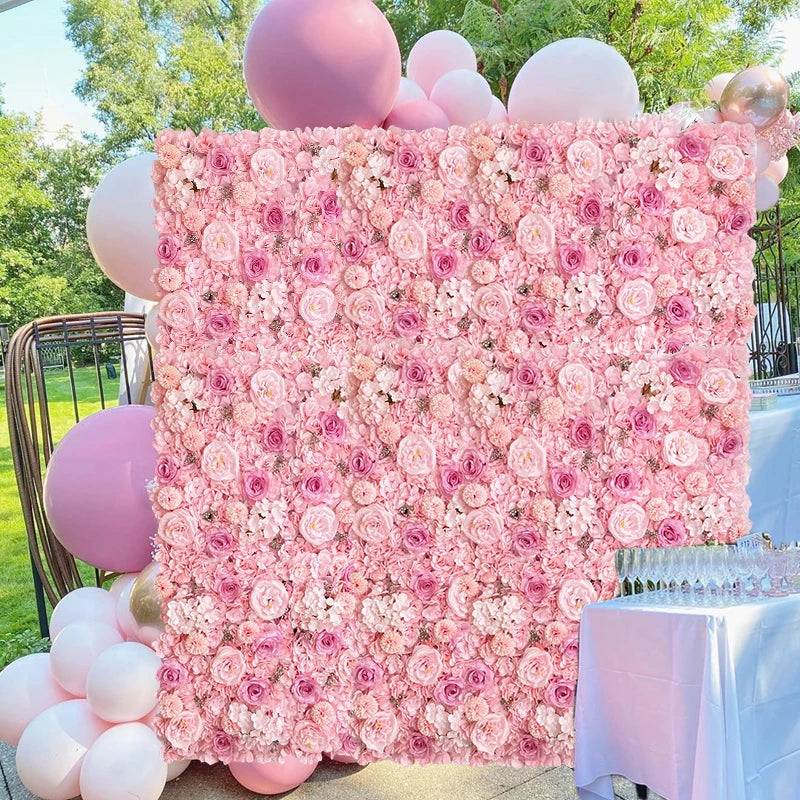 Flores de pared de fondo de seda rosa, decoración de boda, panel de pared de flores artificiales personalizado para telones de fondo de decoración del hogar, baby shower