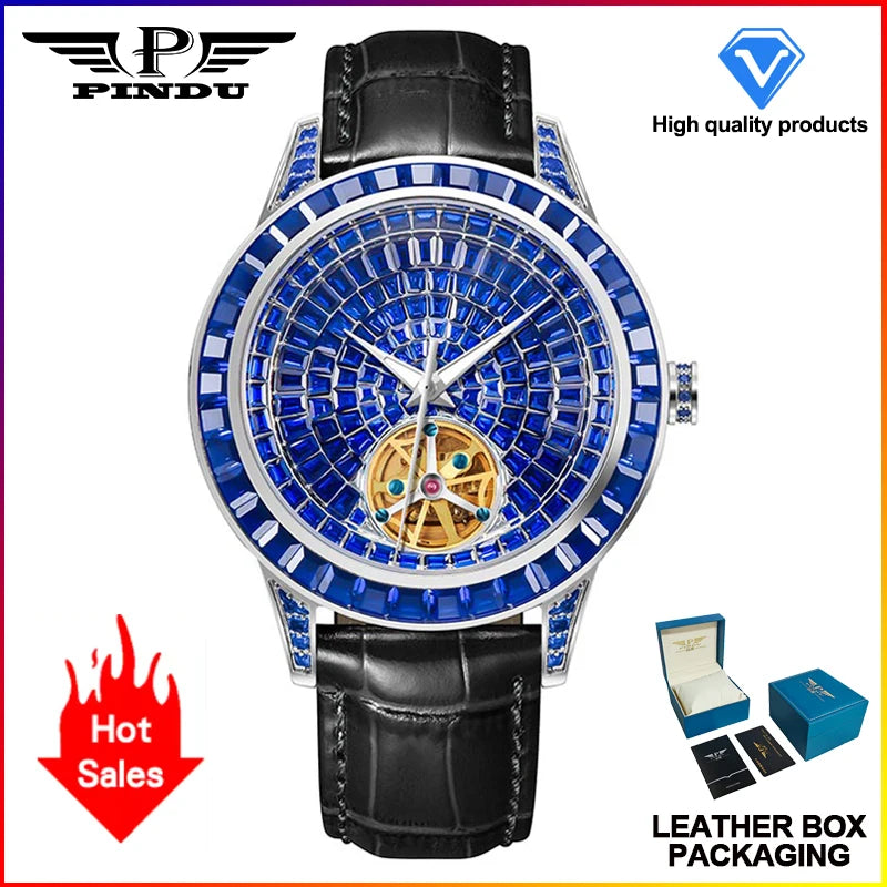 PINDU Design NUOVO Orologio Meccanico da Uomo 42MM con Quadrante Diamantato, Acciaio Inossidabile, Impermeabile, Automatico, Lusso di Alta Gamma