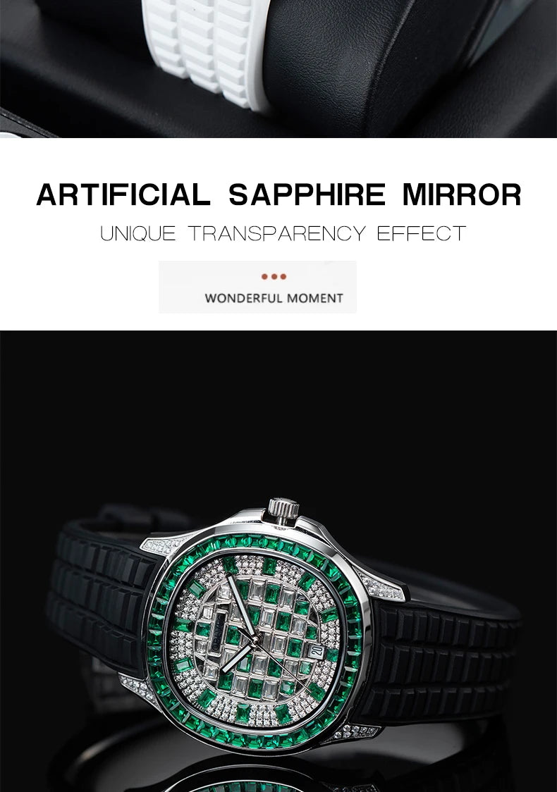 OBLVLO Orologio Automatico da Uomo alla Moda con Quadrante Impreziosito da Cristalli, Display Data, Lunetta con Pietre Baguette, Cinturino in Gomma FM-DSL