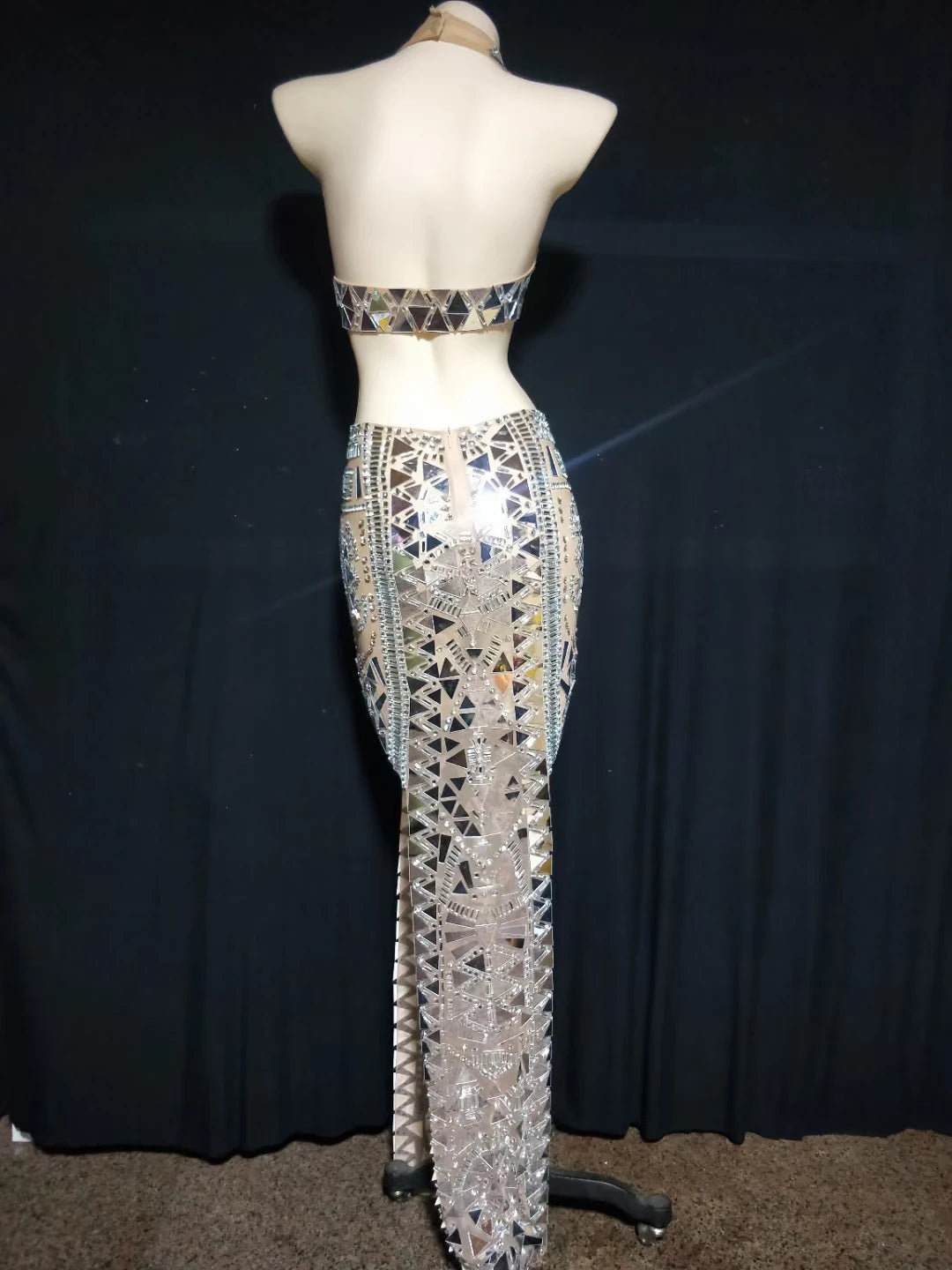 Abito Lungo con Spacco Alto e Scollo a V con Strass Argentati, Vestito da Palcoscenico per Compleanno e Ballo, Abito con Paillettes per Cantante e Modello, Costume Sexy