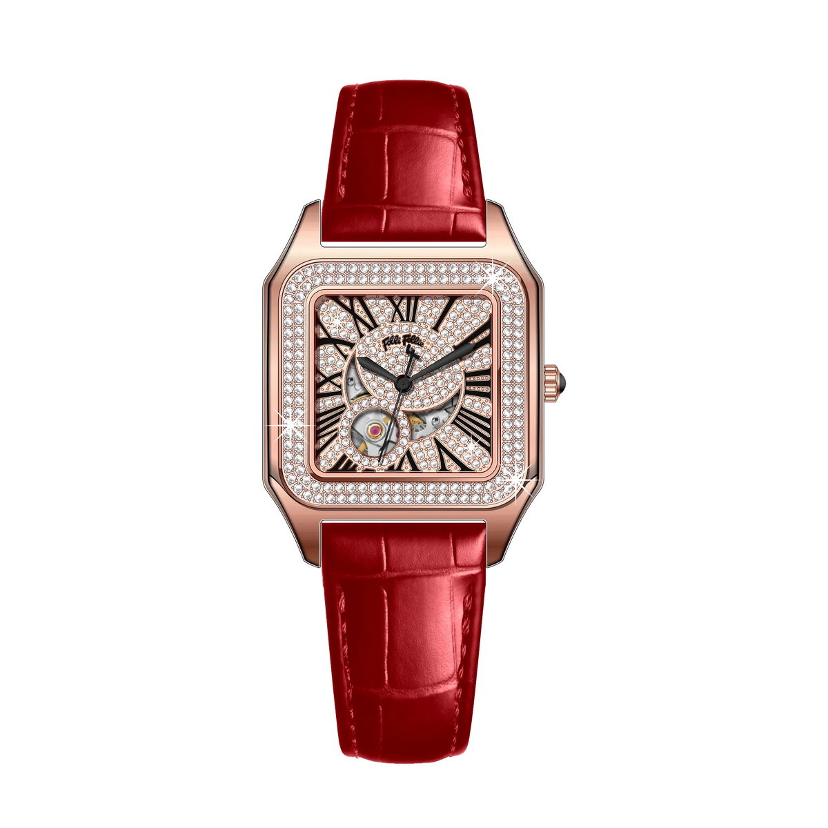 FolliFollie Orologio da donna automatico con quadrante in oro rosa e diamanti con numeri romani, cinturino in pelle, orologio da donna di lusso
